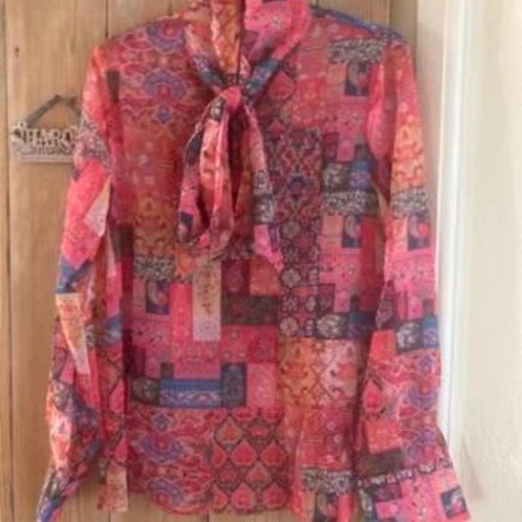 Boho Patchwork long Sleeve Tie Neck Blouse Multi color - Picture 8 of 10